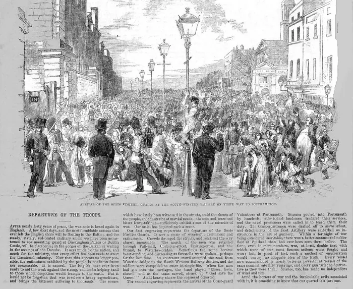 Framed Print : Arrival of the Scots Fusilier Guards at the South-Western Railway, 1854 Creator: Unknown Framed Print : Arrival of the Scots Fusilier Guards at the South-Western Railway, 1854 Creator: Unknown