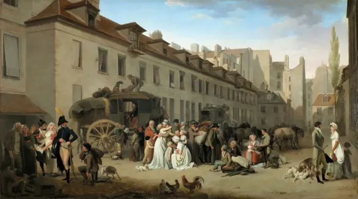 Framed Print : Arrival of the Stagecoach in the Courtyard of the Messageries. Artist: Boilly, Louis-Leopold (1761-1845) Framed Print : Arrival of the Stagecoach in the Courtyard of the Messageries. Artist: Boilly, Louis-Leopold (1761-1845)
