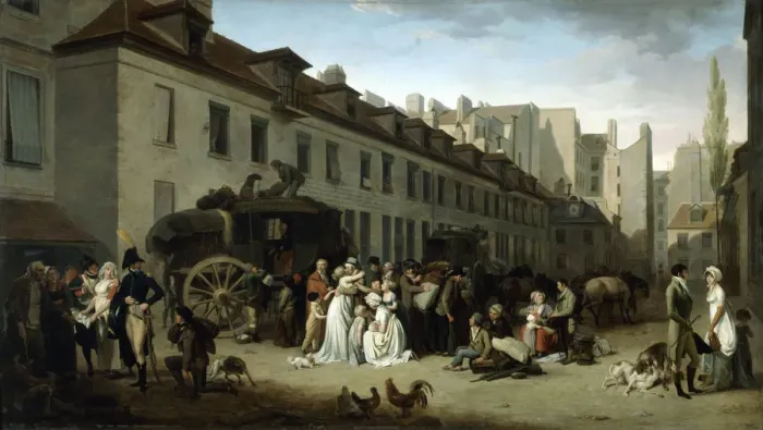 Framed Print : The Arrival of a Stagecoach at the Terminus, rue Notre-Dame-des-Victoires, Paris, 1803. Artist: Louis Leopold Boilly Framed Print : The Arrival of a Stagecoach at the Terminus, rue Notre-Dame-des-Victoires, Paris, 1803. Artist: Louis Leopold Boilly