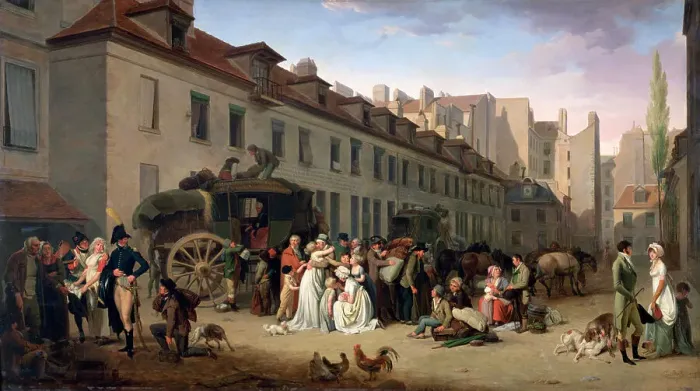 Framed Print : The Arrival of a Stagecoach at the Terminus, rue Notre-Dame-des-Victoires, Paris, 1803, 1803-1845. Artist: Louis Leopold Boilly