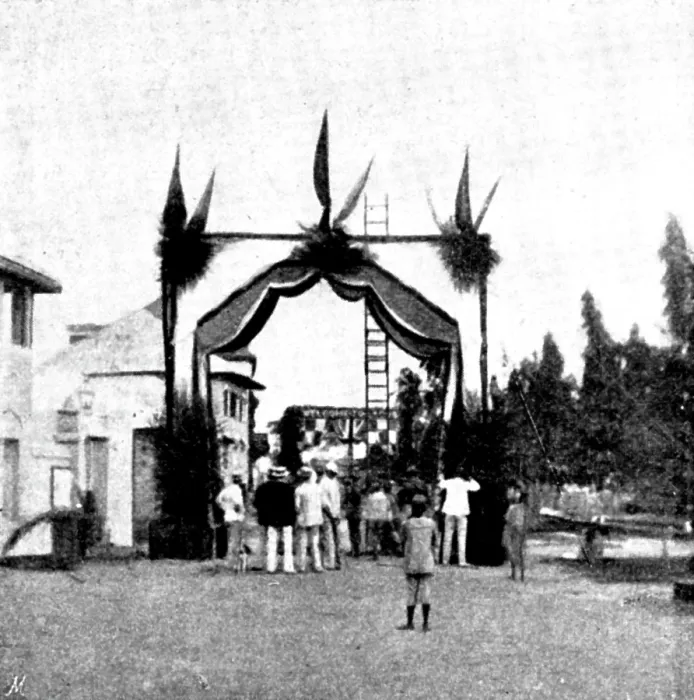 Framed Print : Arrival, and Subsequent Death, of Lady Carter at Lagos: triumphal arch of Messrs. Holt & Welch, 1895 Creator: George Meisenbach Framed Print : Arrival, and Subsequent Death, of Lady Carter at Lagos: triumphal arch of Messrs. Holt & Welch, 1895 Creator: George Meisenbach
