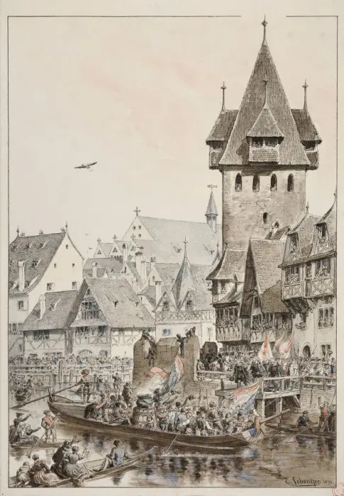 Framed Print : Arrival of Zurichers in Strasbourg in 1576, 1893. Creator: Schweitzer, Emile (1837-1903) Framed Print : Arrival of Zurichers in Strasbourg in 1576, 1893. Creator: Schweitzer, Emile (1837-1903)