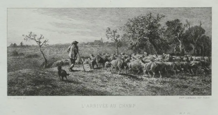 Framed Print : Arriving at the Field. Creator: Charles-Emile Jacque (French, 1813-1894) Framed Print : Arriving at the Field. Creator: Charles-Emile Jacque (French, 1813-1894)