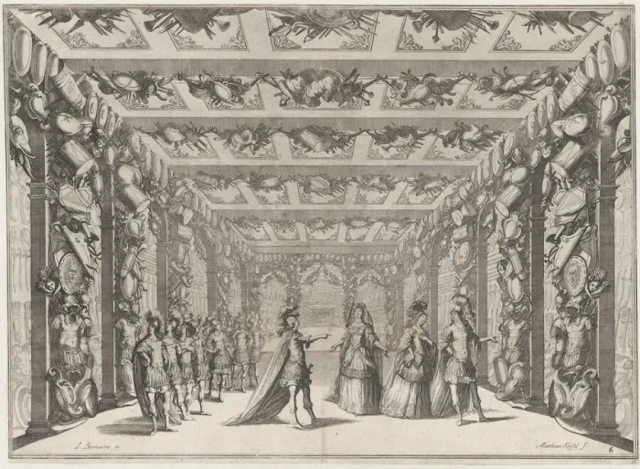 Framed Print : The Arsenal; two soldiers conversing with two women on the right as a group of soldiers lo... 1674. Creator: Mathaus Küsel Framed Print : The Arsenal; two soldiers conversing with two women on the right as a group of soldiers lo... 1674. Creator: Mathaus Küsel