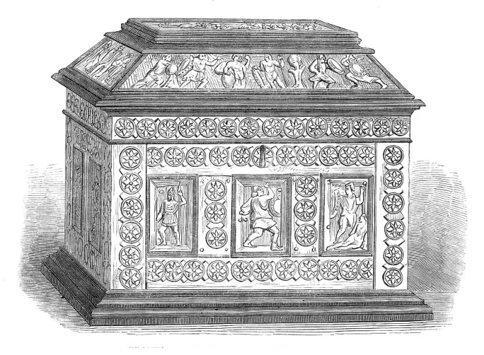 Framed Print : Art Collections in the South Kensington Museum: Byzantine casket of bonework, set in ebony, 1869. Creator: Unknown Framed Print : Art Collections in the South Kensington Museum: Byzantine casket of bonework, set in ebony, 1869. Creator: Unknown