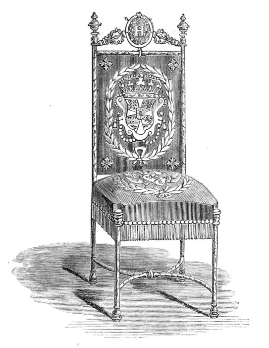 Framed Print : Art Collections in the South Kensington Museum: steel chair, with arms of Anne of Denmark, 1869. Creator: Unknown Framed Print : Art Collections in the South Kensington Museum: steel chair, with arms of Anne of Denmark, 1869. Creator: Unknown