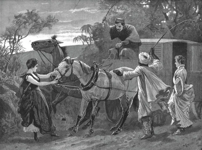 Framed Print : The Art of Persuasion'-Returning from a Ball in India, 1890. Creator: Unknown Framed Print : The Art of Persuasion'-Returning from a Ball in India, 1890. Creator: Unknown