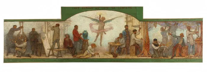 Framed Print : Art spreads its light far and wide: Crafts and industrial design: Sketch for the drawing... 1880. Creator: Edmond Eugene Valton Framed Print : Art spreads its light far and wide: Crafts and industrial design: Sketch for the drawing... 1880. Creator: Edmond Eugene Valton