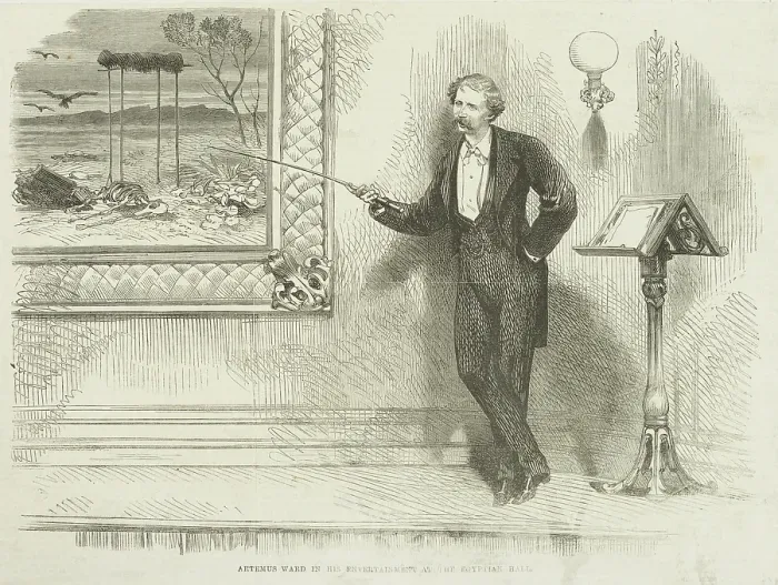 Framed Print : Artemus Ward in his entertainment at the Egyptian Hall, 1866. Creator: Unknown Framed Print : Artemus Ward in his entertainment at the Egyptian Hall, 1866. Creator: Unknown