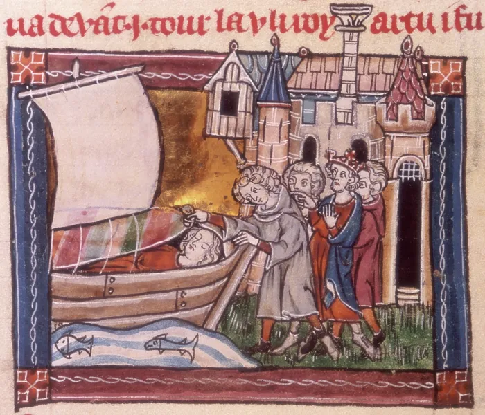 Framed Print : Arthur and his knights finding the dead body of Elaine, c1316. Creator: Unknown Framed Print : Arthur and his knights finding the dead body of Elaine, c1316. Creator: Unknown