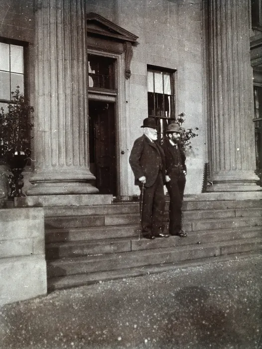Framed Print : Arthur Schuster, with 1st Baron Blythswood, on the steps of Blythswood House in Renfrewshire, c1901 Creator: Unknown Framed Print : Arthur Schuster, with 1st Baron Blythswood, on the steps of Blythswood House in Renfrewshire, c1901 Creator: Unknown