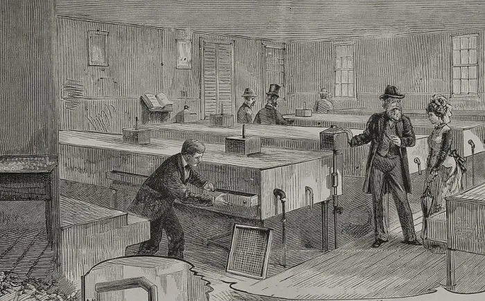 Framed Print : Artificial hatching of hen eggs by the Baker method, incubators room, 1878. Creator: Unknown Framed Print : Artificial hatching of hen eggs by the Baker method, incubators room, 1878. Creator: Unknown