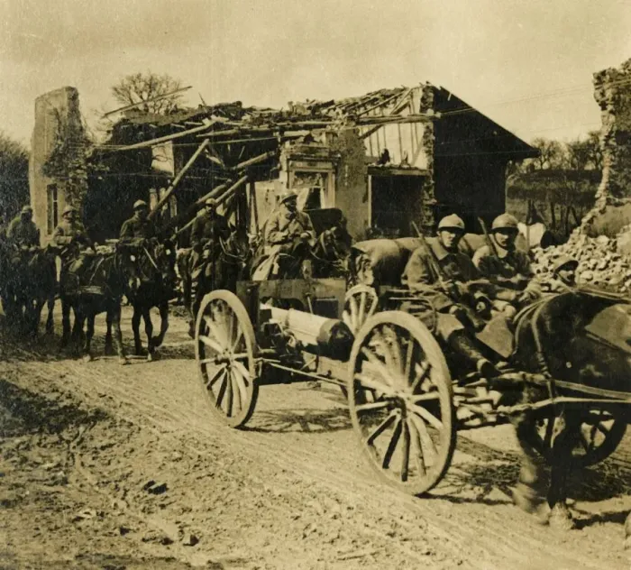 Framed Print : Artillery passing through Beauzee, northern France, c1914-c1918 Framed Print : Artillery passing through Beauzee, northern France, c1914-c1918