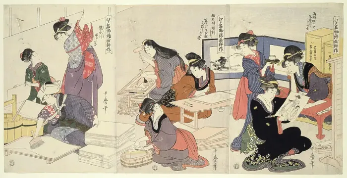 Framed Print : Artist, Block Carver, Applying Sizing (Eshi, hangashi, dosa-biki), from the series... About 1803. Creator: Kitagawa Utamaro Framed Print : Artist, Block Carver, Applying Sizing (Eshi, hangashi, dosa-biki), from the series... About 1803. Creator: Kitagawa Utamaro