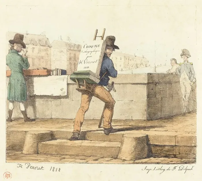 Framed Print : Artist Carrying Easel with a Lithographic Stone, 1818. Creator: Emile Jean-Horace Vernet Framed Print : Artist Carrying Easel with a Lithographic Stone, 1818. Creator: Emile Jean-Horace Vernet