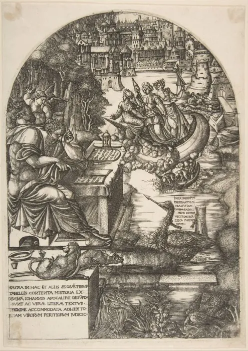 Framed Print : The artist Jean Duvet in the guise of St. John the Evangelist, sitting at a desk, ca