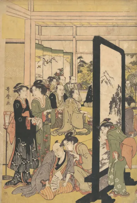 Framed Print : The Artist Kitao Masanobu Relaxing at a Party, 1790s. Creator: Kitagawa Utamaro Framed Print : The Artist Kitao Masanobu Relaxing at a Party, 1790s. Creator: Kitagawa Utamaro