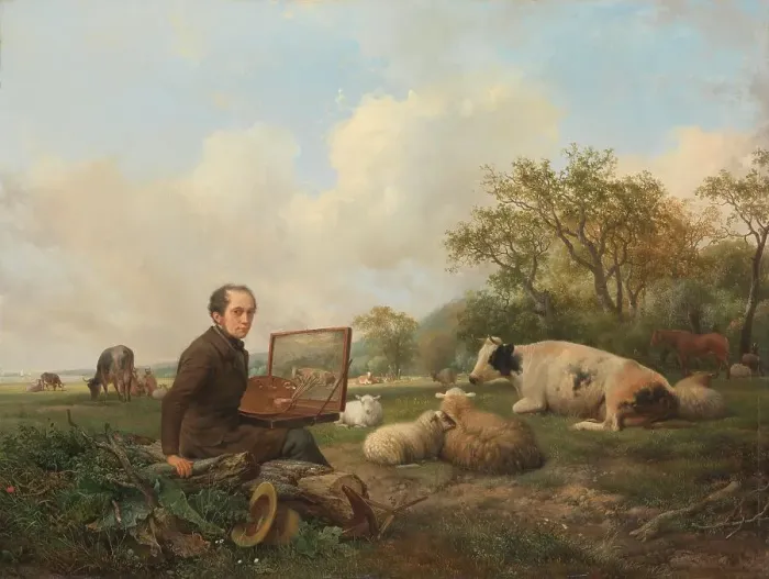 Framed Print : The Artist Painting a Cow in a Meadow, 1850. Creator: Hendrik van de Sande Bakhuyzen Framed Print : The Artist Painting a Cow in a Meadow, 1850. Creator: Hendrik van de Sande Bakhuyzen