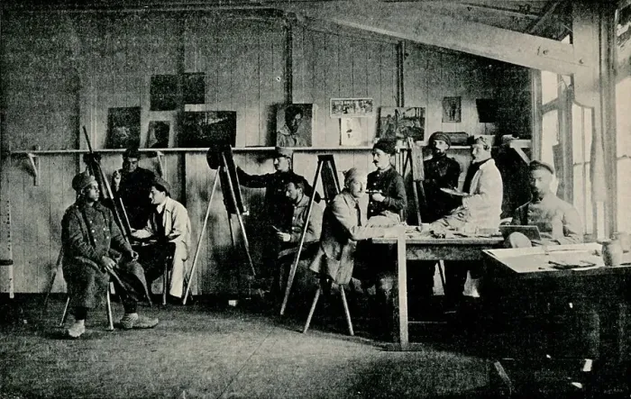 Framed Print : Artist Prisoners of War in their studio at Giessen, c1916 Framed Print : Artist Prisoners of War in their studio at Giessen, c1916