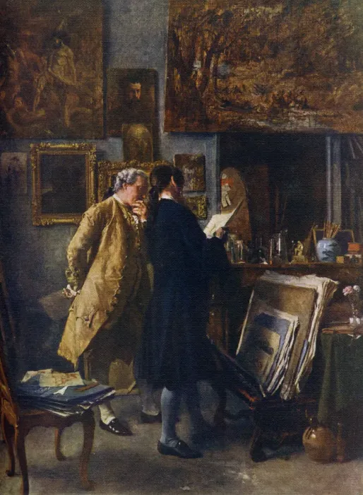 Framed Print : An Artist showing his Work, c1850, (1912). Artist: Jean Louis Ernest Meissonier Framed Print : An Artist showing his Work, c1850, (1912). Artist: Jean Louis Ernest Meissonier