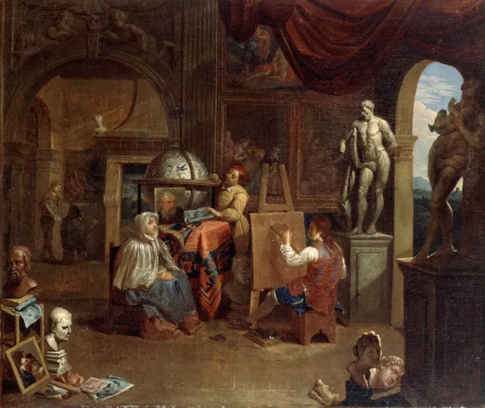 Framed Print : Artist studio scene, (1680-1720?). Artist: Gerard Thomas Framed Print : Artist studio scene, (1680-1720?). Artist: Gerard Thomas