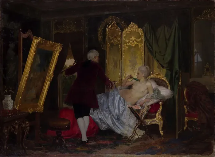 Framed Print : Artist from the time of Louis XV, painting a portrait of a Marquise, 1860s. Creator: Siemiradzki, Henryk (1843-1902) Framed Print : Artist from the time of Louis XV, painting a portrait of a Marquise, 1860s. Creator: Siemiradzki, Henryk (1843-1902)