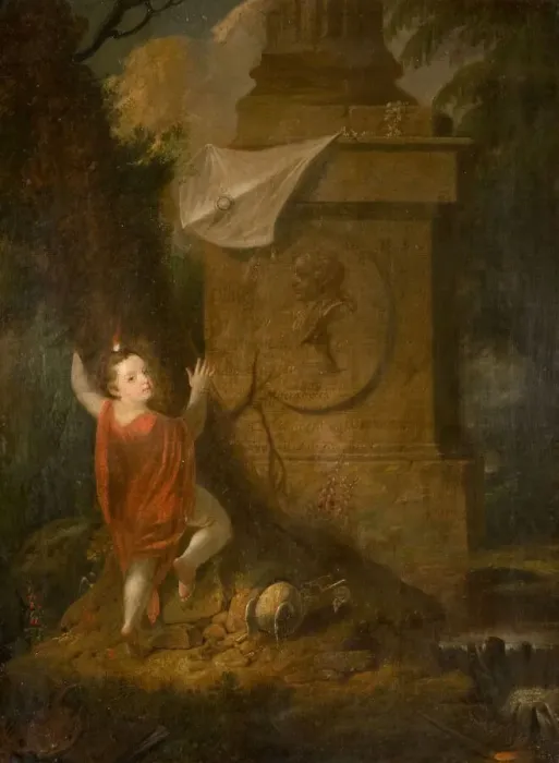 Framed Print : Artists Advertisement - Cherub with Kite at Monument [undated]. Creator: James Millar