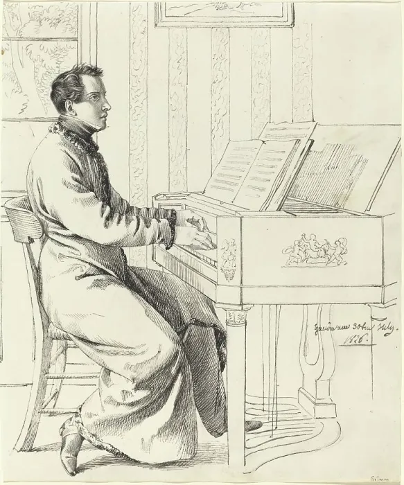 Framed Print : The Artist's Brother-in-Law, Ludwig Hassenpflug, Preparing to Play the Piano, 1826. Creator: Ludwig Emil Grimm Framed Print : The Artist's Brother-in-Law, Ludwig Hassenpflug, Preparing to Play the Piano, 1826. Creator: Ludwig Emil Grimm