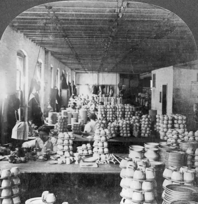 Framed Print : Artists decorating porcelain ware, Trenton, New Jersey, USA, early 20th century(?). Artist: Keystone View Company Framed Print : Artists decorating porcelain ware, Trenton, New Jersey, USA, early 20th century(?). Artist: Keystone View Company