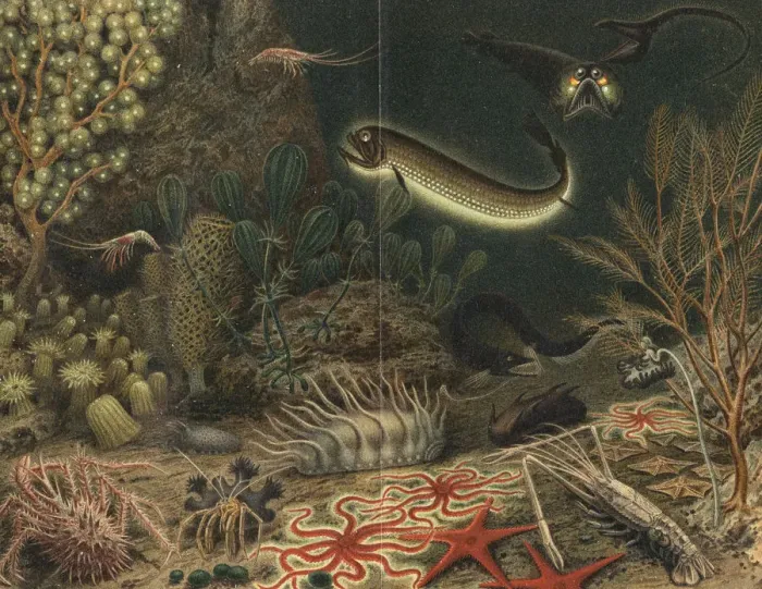Framed Print : Artists impression of deep sea scene with luminous fishes, 1903 Framed Print : Artists impression of deep sea scene with luminous fishes, 1903