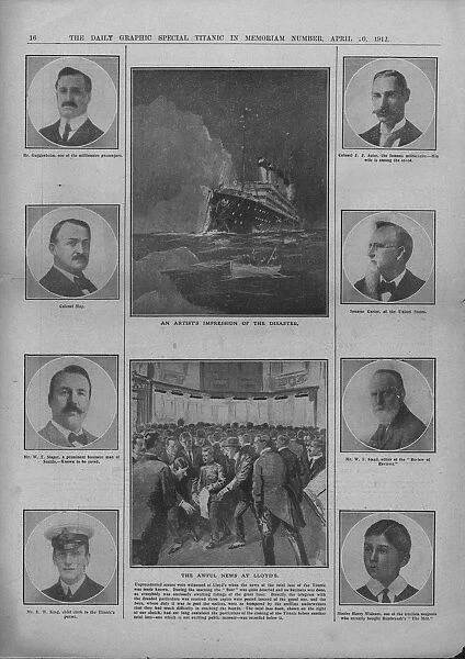 An Artists Impression of the Disaster and The Awful News at Lloyd s, April 20, 1912