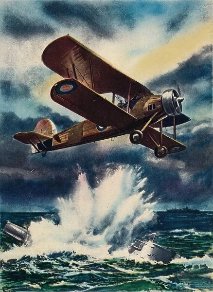 An artists impression of a Fairey Swordfish sinking a U Boat in the North Sea, 1940