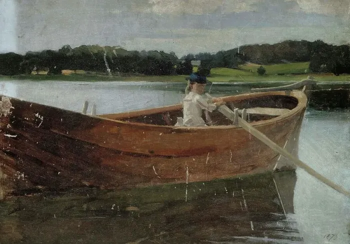 Framed Print : The Artist's Sister Berta in a Rowing Boat, study, 1879. Creator: Albert Edelfelt Framed Print : The Artist's Sister Berta in a Rowing Boat, study, 1879. Creator: Albert Edelfelt