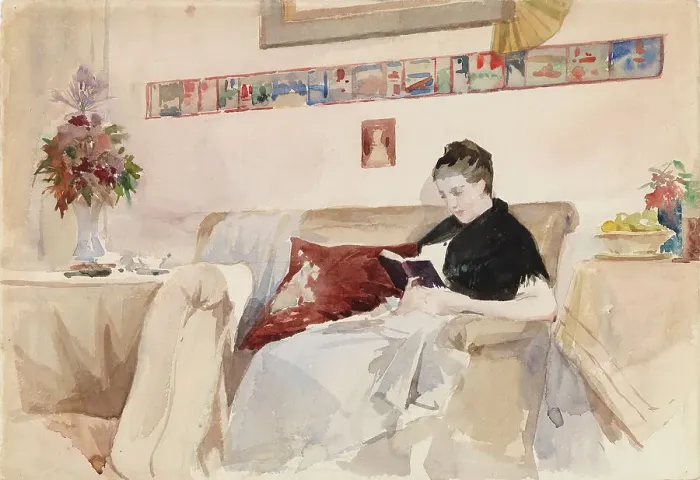 Framed Print : Artist's Wife Reading on the Sofa, c1890s. Creator: Albert Edelfelt Framed Print : Artist's Wife Reading on the Sofa, c1890s. Creator: Albert Edelfelt