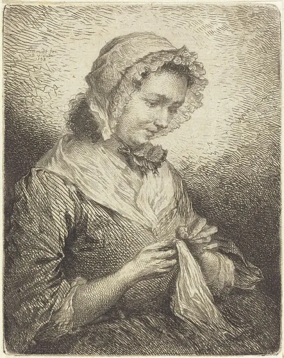 Framed Print : The Artist's Wife Sewing, 1753. Creator: Georg Friedrich Schmidt Framed Print : The Artist's Wife Sewing, 1753. Creator: Georg Friedrich Schmidt