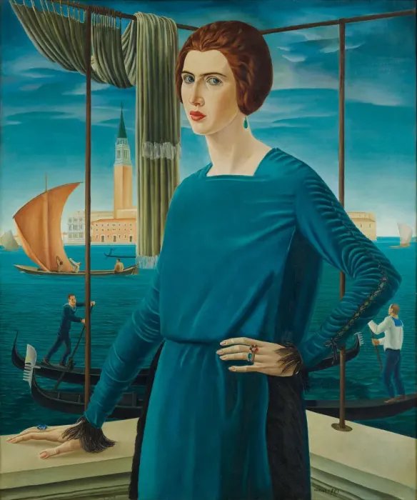 Framed Print : The Artists Wife with Venice in the Background, 1921. Creator: Oppi, Ubaldo (1889-1942) Framed Print : The Artists Wife with Venice in the Background, 1921. Creator: Oppi, Ubaldo (1889-1942)