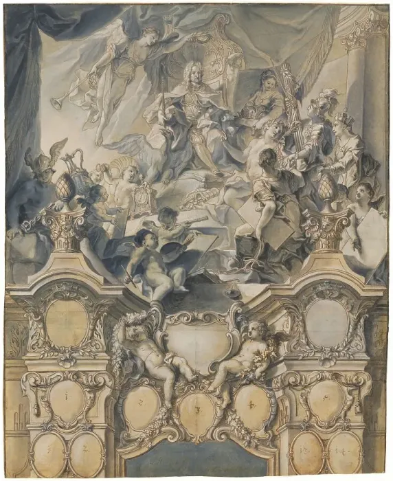 Framed Print : The Arts and Powers Pay Homage to Emperor Charles VI, 1732. Creator: Johann Evangelist Holzer Framed Print : The Arts and Powers Pay Homage to Emperor Charles VI, 1732. Creator: Johann Evangelist Holzer