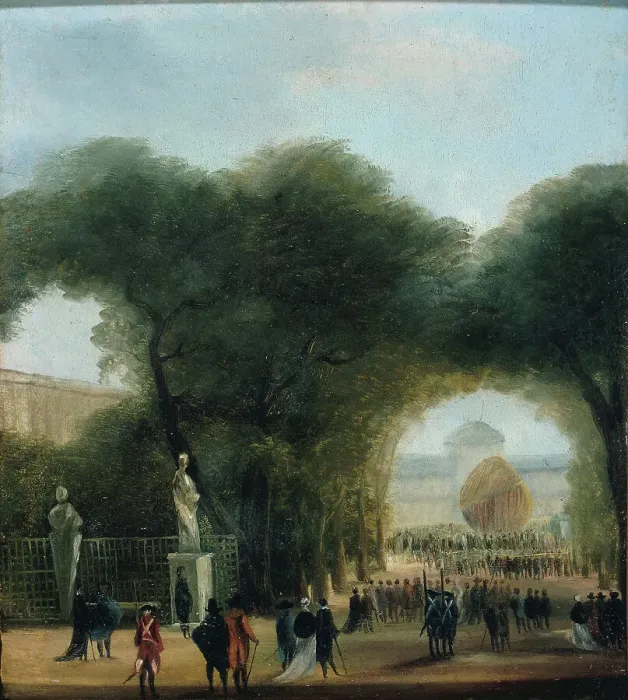 Framed Print : Ascension d'un aérostat, aux Tuileries (le 27 août 1783 ?), c1783. Creator: Ecole Francaise Framed Print : Ascension d'un aérostat, aux Tuileries (le 27 août 1783 ?), c1783. Creator: Ecole Francaise