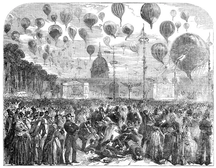 Framed Print : The Ascent of Balloons from the Esplanade of the Invalides, 1856. Creator: Unknown Framed Print : The Ascent of Balloons from the Esplanade of the Invalides, 1856. Creator: Unknown