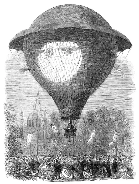 Framed Print : Ascent of M. Godard's Montgolfier balloon from Cremorne Gardens, 1864. Creator: Unknown Framed Print : Ascent of M. Godard's Montgolfier balloon from Cremorne Gardens, 1864. Creator: Unknown