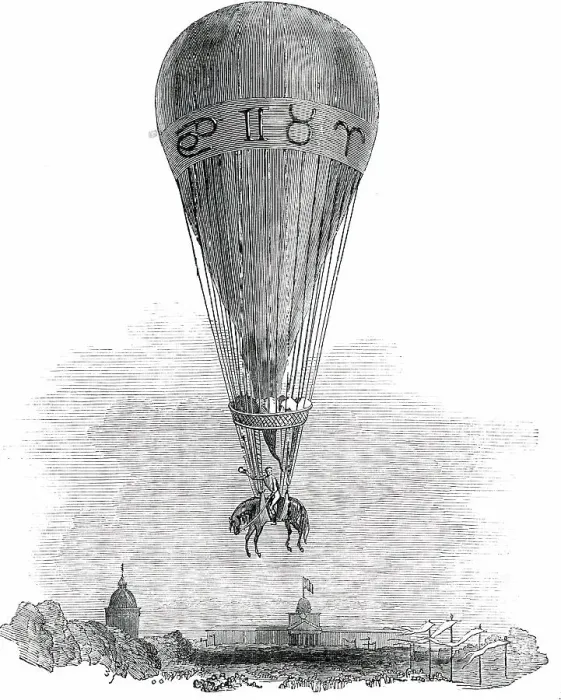 Framed Print : Ascent of M. Poiteven, on Horseback, in a Balloon, from the Champ de Mars, Paris, 1850. Creator: Unknown Framed Print : Ascent of M. Poiteven, on Horseback, in a Balloon, from the Champ de Mars, Paris, 1850. Creator: Unknown