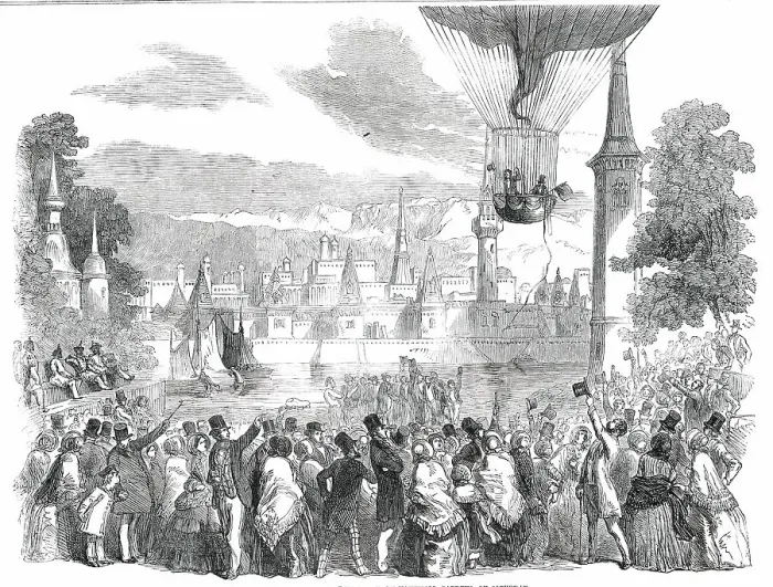 Framed Print : Ascent of the Nassau Balloon, from Vauxhall Gardens, on Saturday, 1850. Creator: Unknown Framed Print : Ascent of the Nassau Balloon, from Vauxhall Gardens, on Saturday, 1850. Creator: Unknown