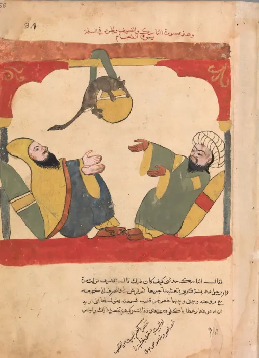 Framed Print : The Ascetic and his Guest with the Mouse Steal the Ascetics Food, Folio from a Kalila Framed Print : The Ascetic and his Guest with the Mouse Steal the Ascetics Food, Folio from a Kalila
