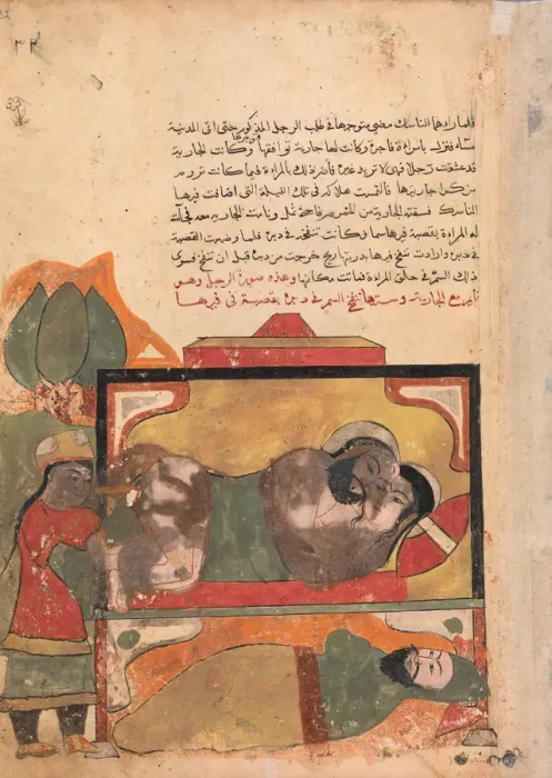 Framed Print : The Ascetic Witnesses the Woman Trying to Poison the Lover, Folio from a Kalila Framed Print : The Ascetic Witnesses the Woman Trying to Poison the Lover, Folio from a Kalila
