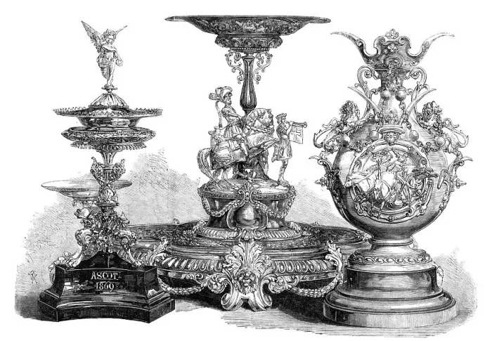 Framed Print : The Ascot Races Prize Plate: the Royal Hunt Cup, the Ascot Cup, the Queen's Gold Cup, 1869. Creator: Unknown Framed Print : The Ascot Races Prize Plate: the Royal Hunt Cup, the Ascot Cup, the Queen's Gold Cup, 1869. Creator: Unknown