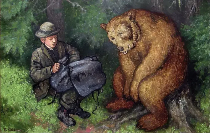 Framed Print : The Ash Lad and the Bear, 1900. Creator: Theodor Kittelsen Framed Print : The Ash Lad and the Bear, 1900. Creator: Theodor Kittelsen
