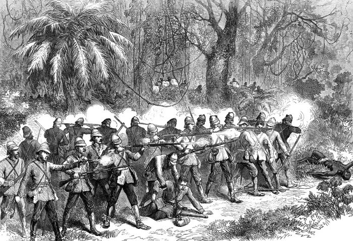 Framed Print : The Ashantee War: the 42nd Highlanders in the front - from a sketch by our special artist, 1874. Creator: Unknown Framed Print : The Ashantee War: the 42nd Highlanders in the front - from a sketch by our special artist, 1874. Creator: Unknown