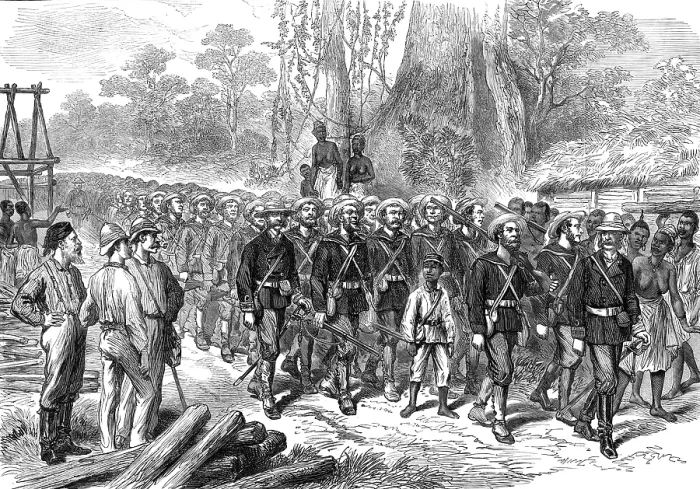 Framed Print : The Ashantee War: arrival of the Naval Brigade in Camp at Prahsu - by our special artist, 1874. Creator: Unknown Framed Print : The Ashantee War: arrival of the Naval Brigade in Camp at Prahsu - by our special artist, 1874. Creator: Unknown