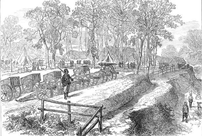Framed Print : The Ashantee War: artillery park in the camp at Prah-Su, from a sketch by our special artist, 1874. Creator: Unknown Framed Print : The Ashantee War: artillery park in the camp at Prah-Su, from a sketch by our special artist, 1874. Creator: Unknown