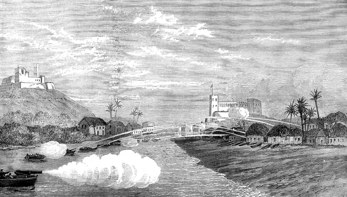 Framed Print : The Ashantee War: bombardment of the town of Elmina, 1873. Creator: Unknown Framed Print : The Ashantee War: bombardment of the town of Elmina, 1873. Creator: Unknown